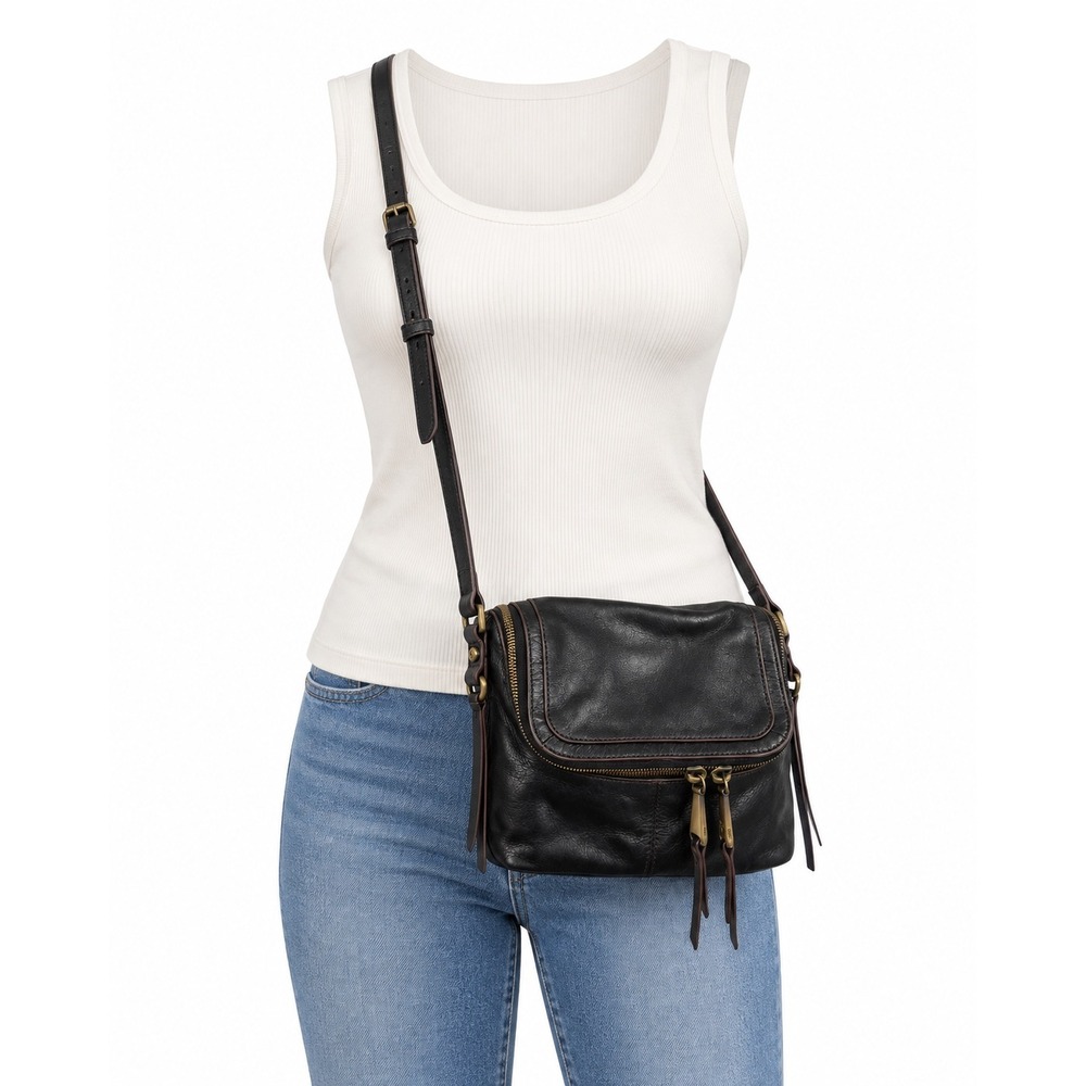 HOBO International Black Leather Crossbody Bag Y2K Boho Moto Brass Tassel Zip - Picture 5 of 16